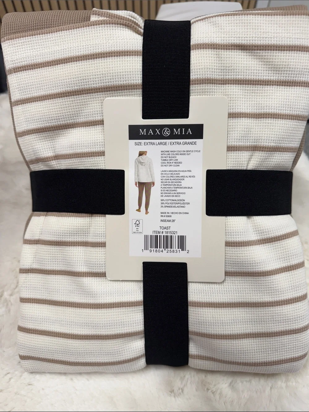 Max & Mia Men’s Cream and Tan Striped Waffle Knit Undershirt - XL